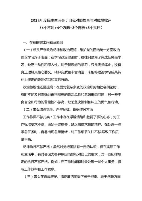 2024 民主生活会：自我对照检查与对成员批评.docx