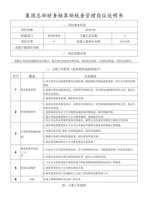 岗位说明书财务核算部税务管理岗.docx