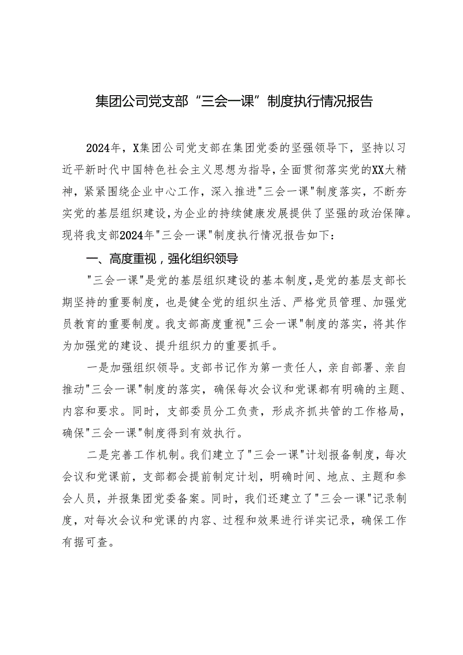2025年集团公司党支部2024年“三会一课”制度执行情况报告.docx_第1页