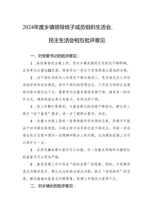 2024乡镇领导班子成员组织生活会、民主生活会相互批评意见.docx