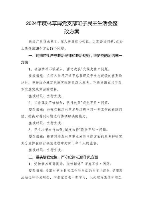 2024林草局党支部班子民主生活会整改方案.docx