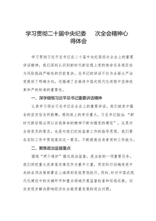 纪检干部学习贯彻二十中央纪委四次全会精神的学习体会12篇.docx