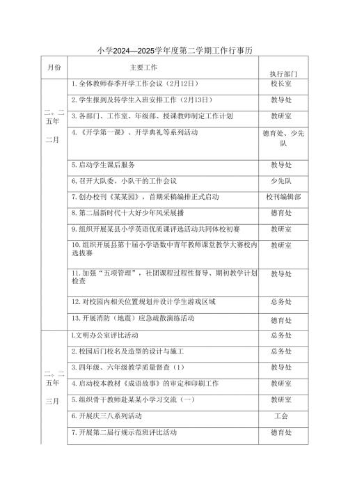 小学2024至2025学第二学期工作行事历.docx