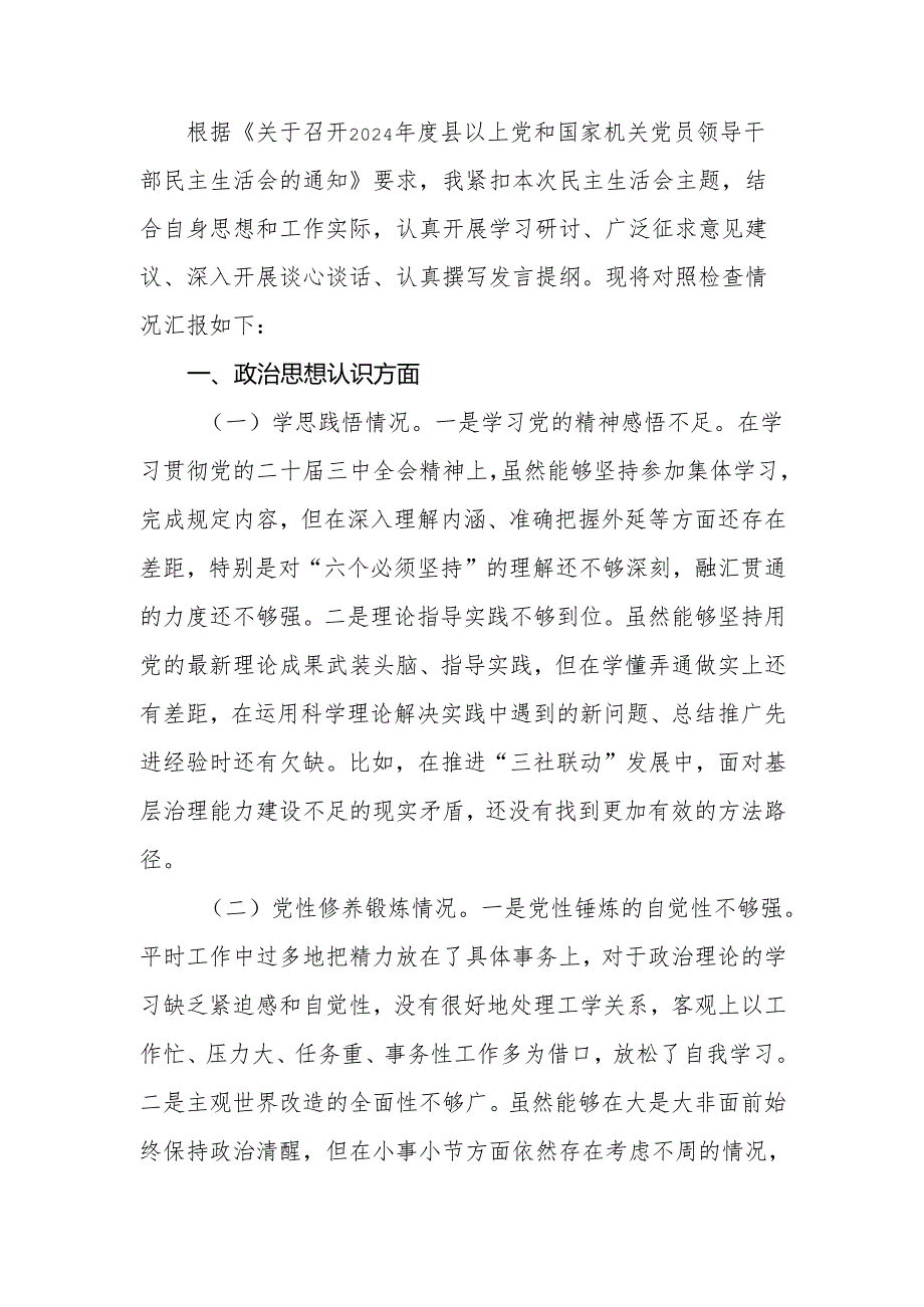 社会工作部党组书记2024年民主生活会个人对照检查材料.docx_第3页