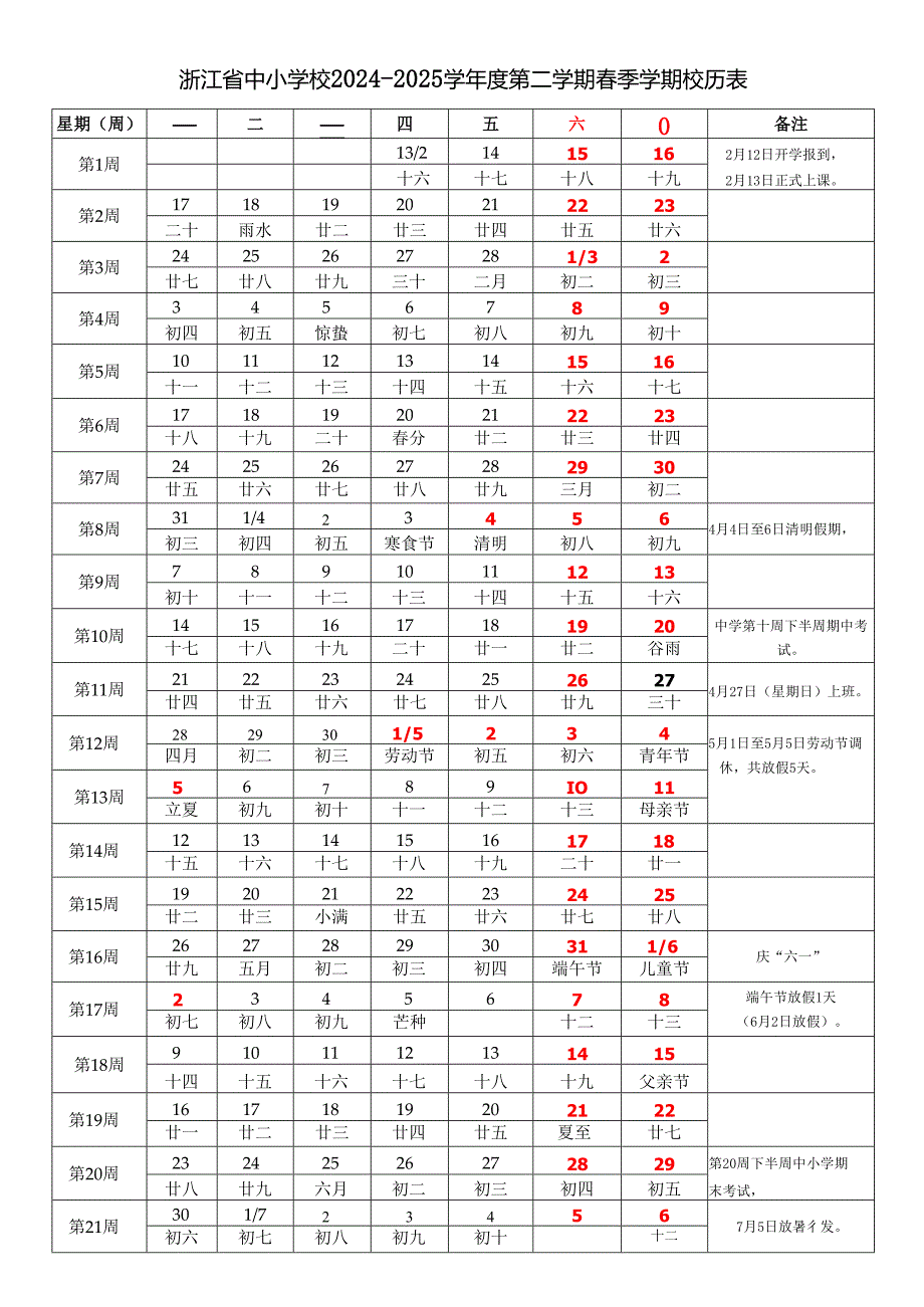 浙江省杭州宁波温州嘉兴湖州市绍兴金华衢州舟山台州丽水市中小学校20242025学第二学期季学期校历表教学日历教师家长学生行事历计.docx_第1页