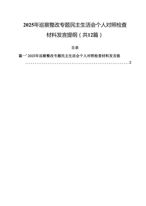 2025年巡察整改专题民主生活会个人对照检查材料发言提纲12篇（精选）.docx