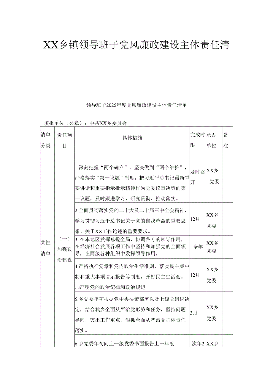 XX乡镇领导班子党风廉政建设主体责任清单1.docx_第1页