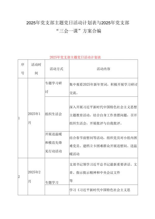 2025年党支部主题党日活动计划表与2025年党支部“三会一课”方案合编.docx