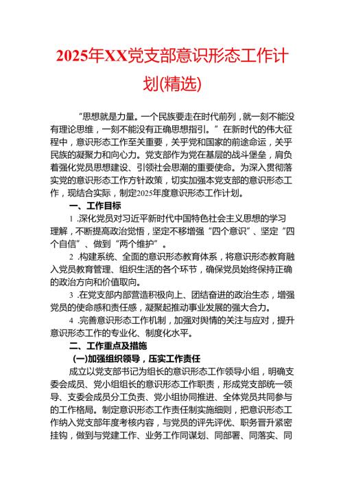 2025年XX党支部意识形态工作计划（精选）.docx