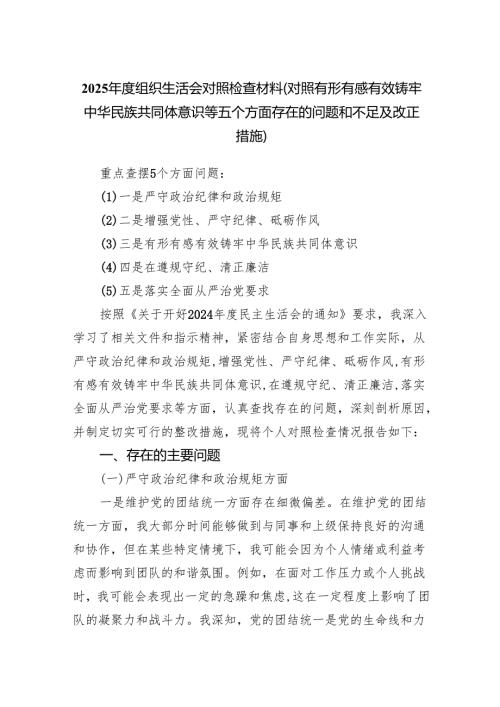 2025组织生活会对照检查材料（对照有形有感有效铸牢中华民族共同体意识等五个方面存在的问题和不足及改正措施）.docx