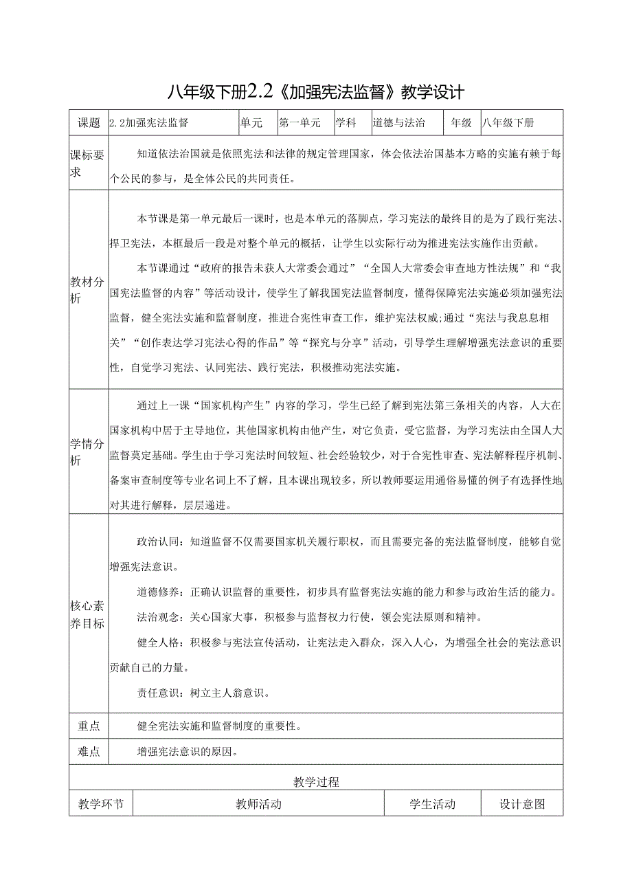 2025八年级道德与法治下册第一单元第二课加强宪法监督教学设计.docx_第1页