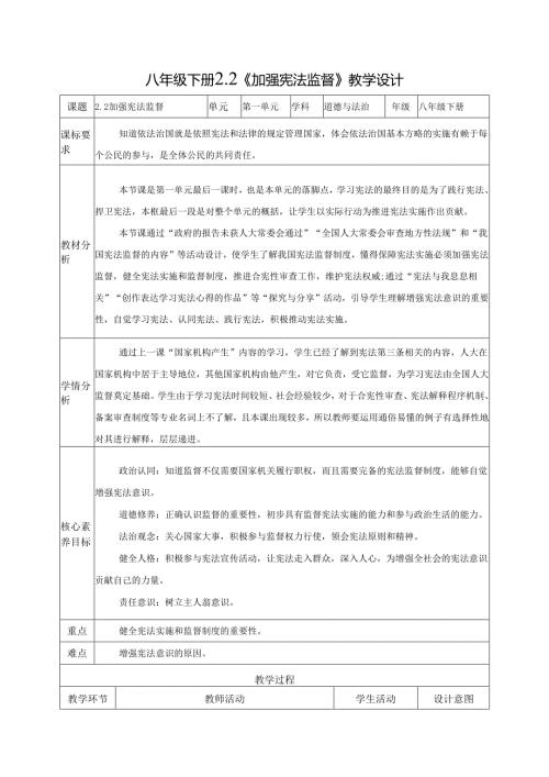2025八年级道德与法治下册第一单元第二课加强宪法监督教学设计.docx