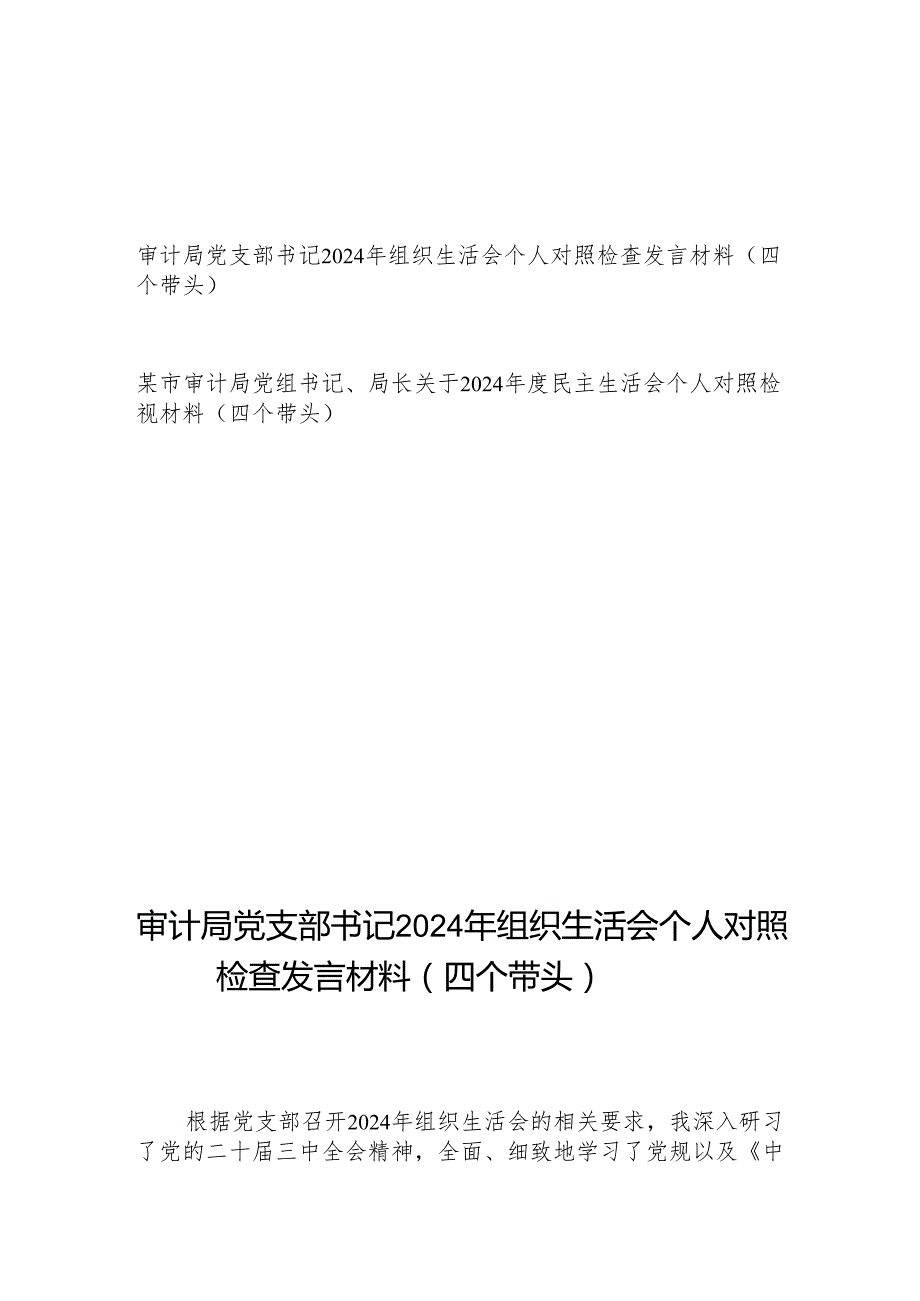 审计局党支部书记党组书记局长2024组织生活会个人对照检查发言材料2篇（四个带头）.docx_第1页
