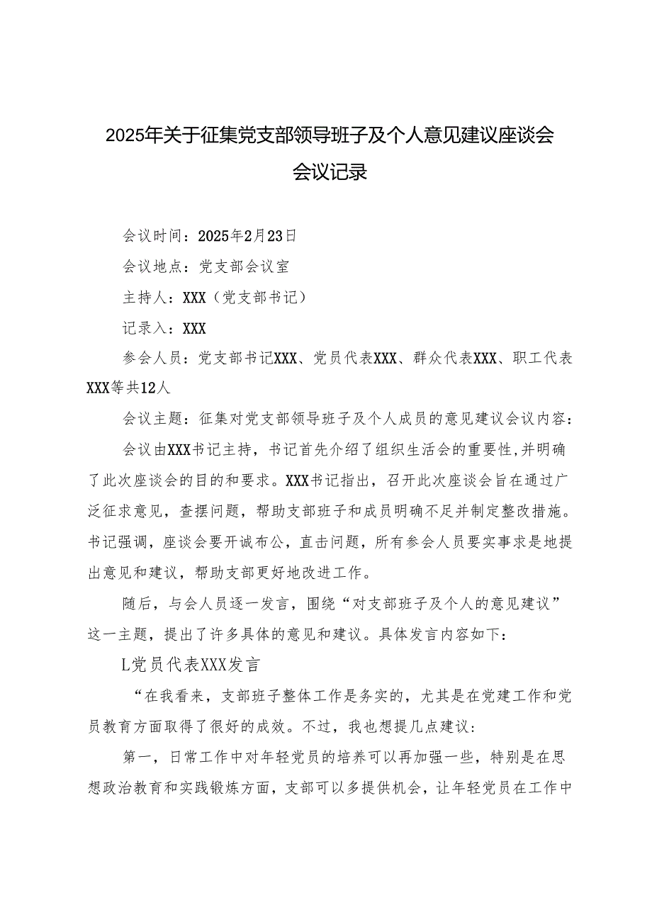 2025年 关于征集党支部领导班子及个人意见建议座谈会会议记录.docx_第1页