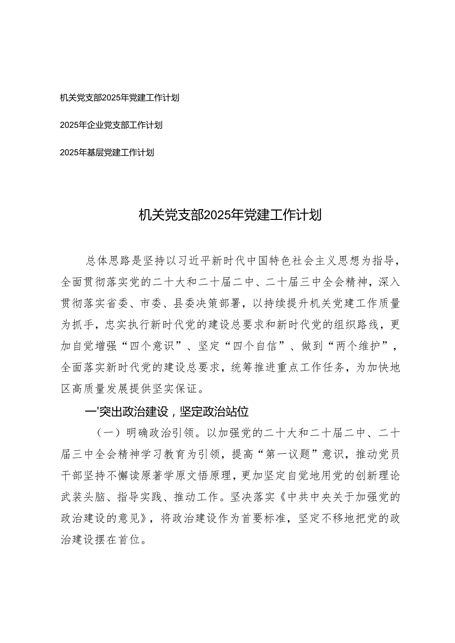 2025年机关党支部党建工作计划、企业党支部工作计划、基层党建工作计划.docx_第1页