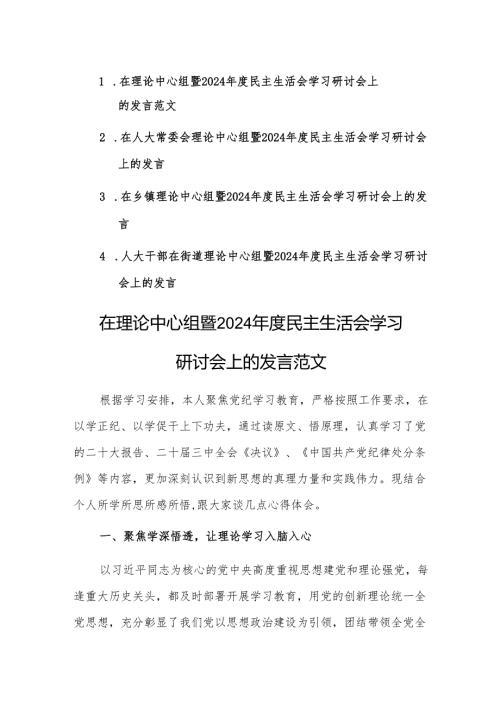五篇：理论中心组暨2024民主生活会学习研讨会上的发言范文.docx