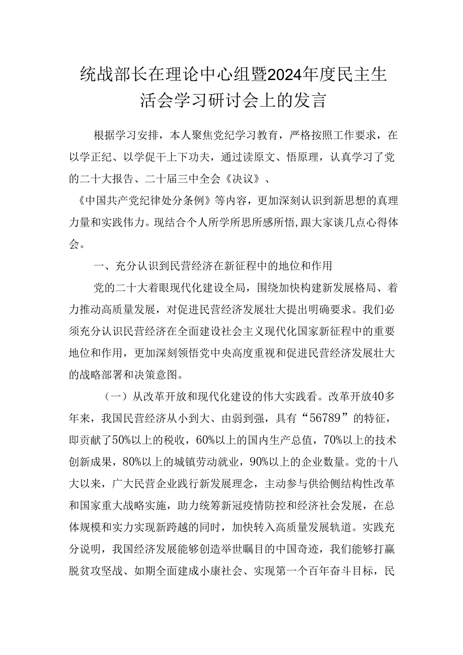 统战部长在理论中心组暨2024民主生活会学习研讨会上的发言.docx_第1页