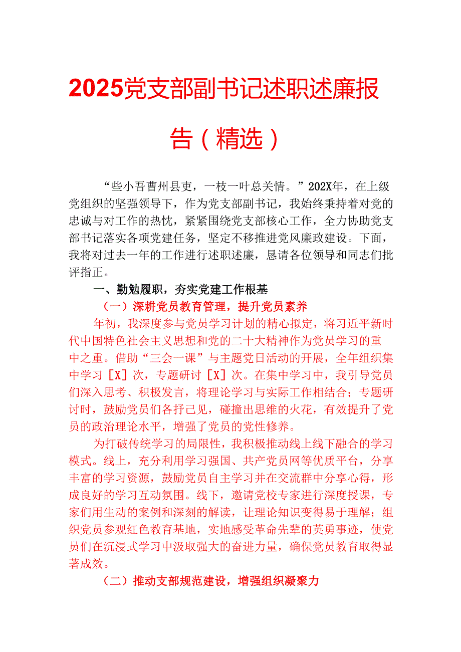 2025党支部副书记述职述廉报告（精选）.docx_第1页