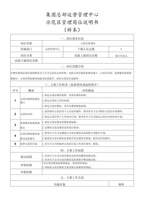 岗位说明书运营管理中心示范区管理岗.docx