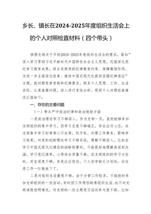 乡长、镇长在20242025组织生活会上的个人对照检查材料（四个带头）.docx