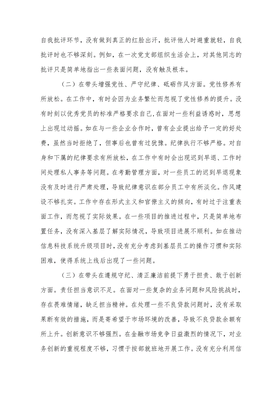 某某银行党委委员、副行长2025民主生活会个人对照检视发言材料9篇.docx_第3页