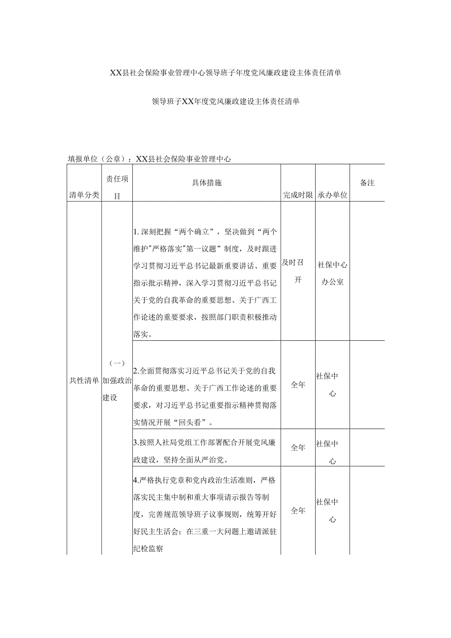 XX县社会保险事业管理中心领导班子党风廉政建设主体责任清单.docx_第1页