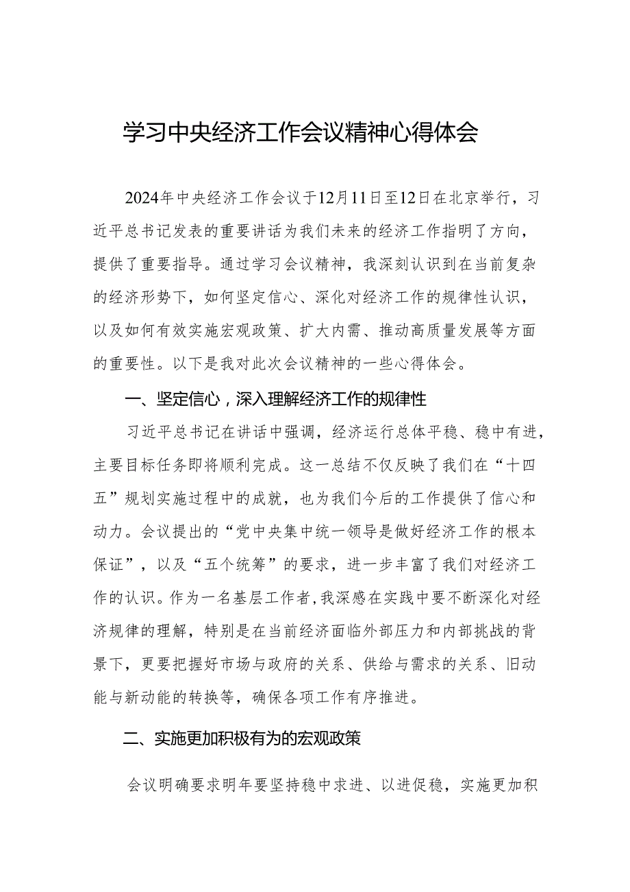 五篇学习贯彻2024年中央经济工作会议精神心得体会发言稿.docx_第1页