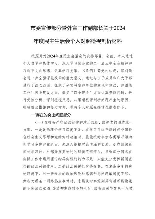 市委宣传部分管外宣工作副部长关于2024民主生活会个人对照检视剖析材料.docx