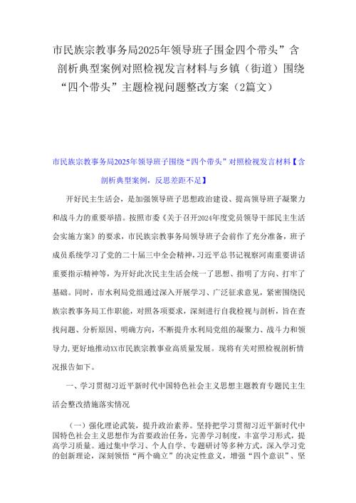 市民族宗教事务局2025年领导班子围绕“四个带头”含剖析典型案例对照检视发言材料与乡镇(街道)围绕“四个带头”主题检视问题整改方案（2篇文）.docx