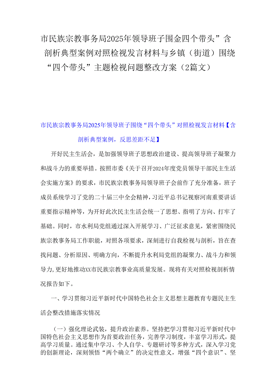 市民族宗教事务局2025年领导班子围绕“四个带头”含剖析典型案例对照检视发言材料与乡镇(街道)围绕“四个带头”主题检视问题整改方案（2篇文）.docx_第1页