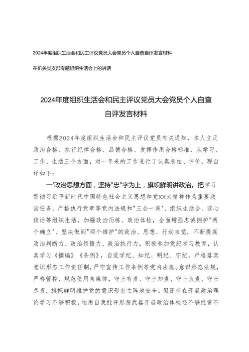 2024组织生活会和民主评议党员大会党员个人自查自评发言材料+在机关党支部专题组织生活会上的讲话.docx