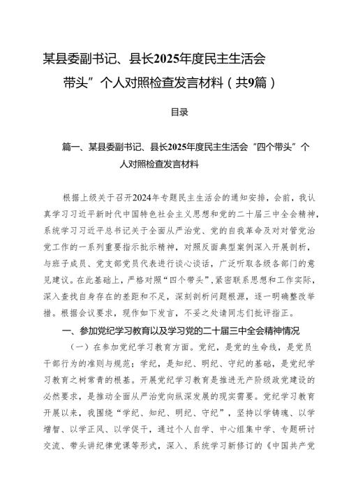 （9篇）某县委副书记、县长2025民主生活会“四个带头”个人对照检查发言材料最新.docx
