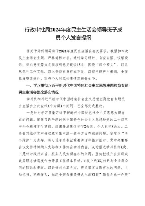 行政审批局2024民主生活会领导班子成员个人发言提纲.docx