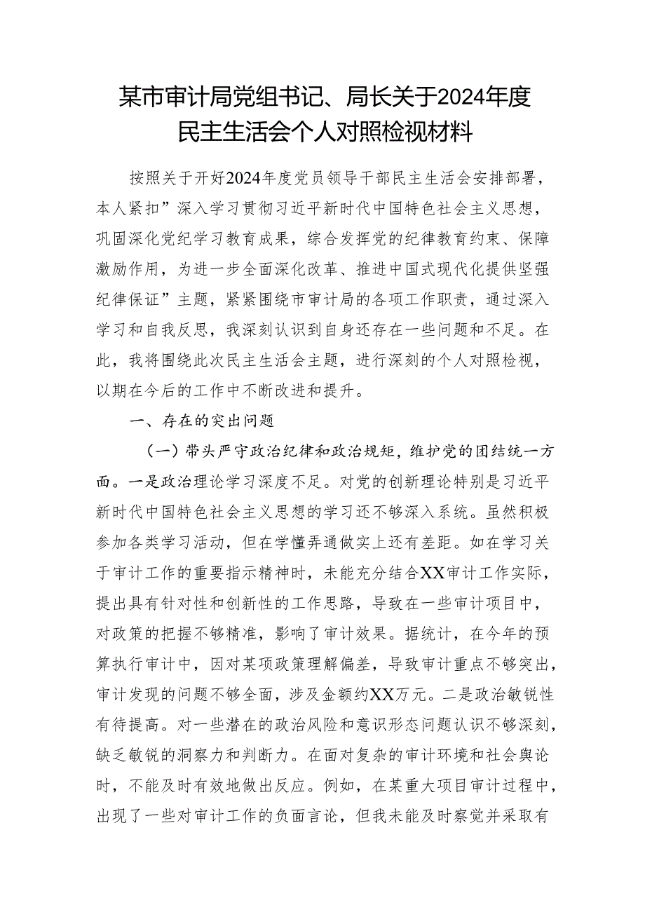 市审计局党组书记局长关于2024民主生活会个人对照检视材料和审计局2024工作总结和2025年工作计划.docx_第2页