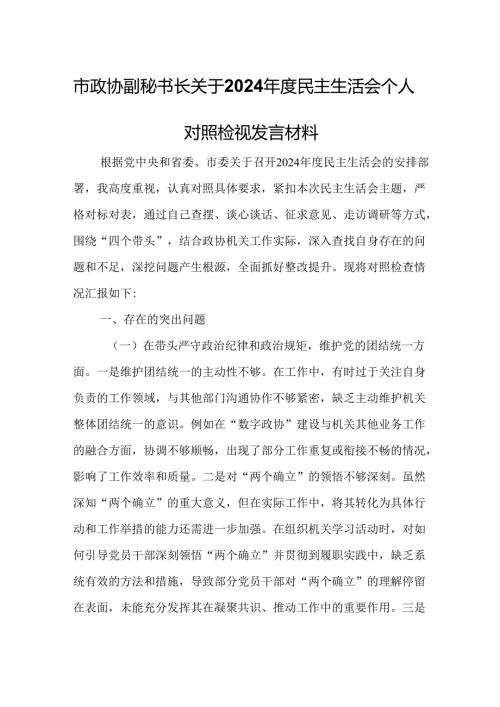 市政协副秘书长关于2024民主生活会个人对照检视发言材料.docx