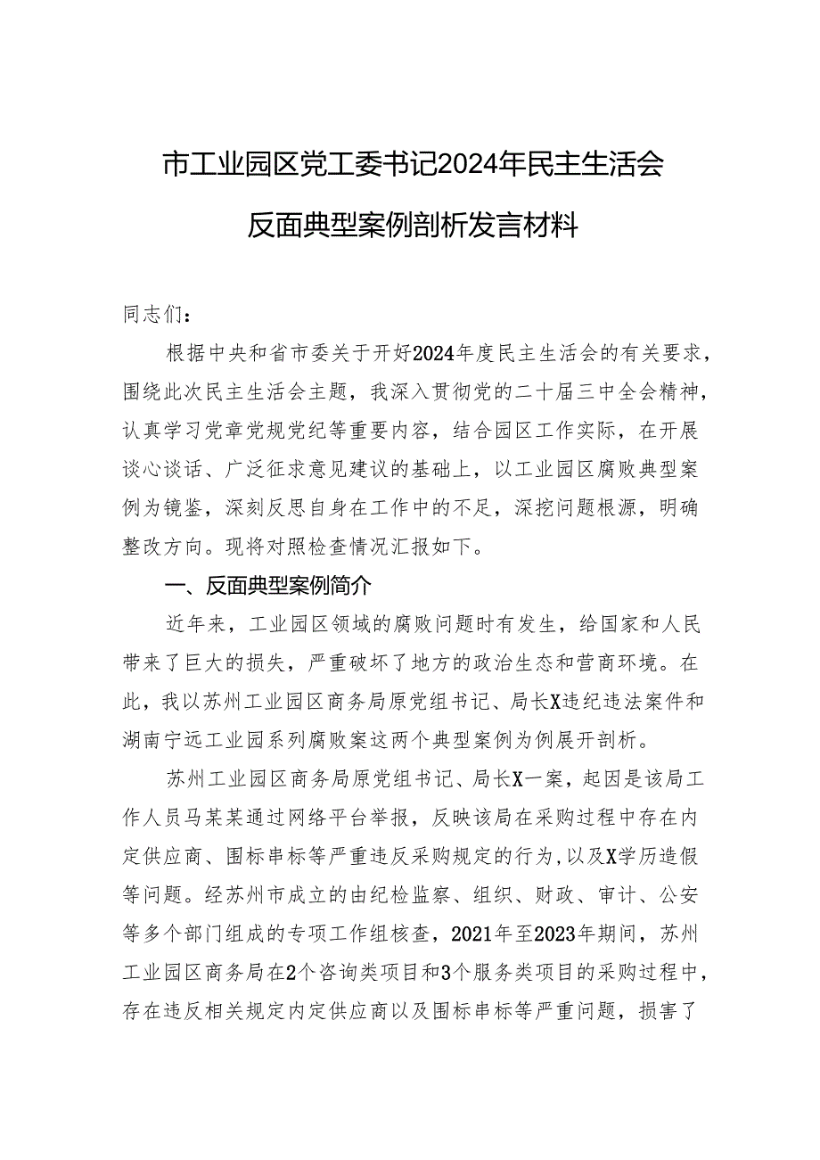 市工业园区党工委书记2024年民主生活会反面典型案例剖析发言材料.docx_第1页