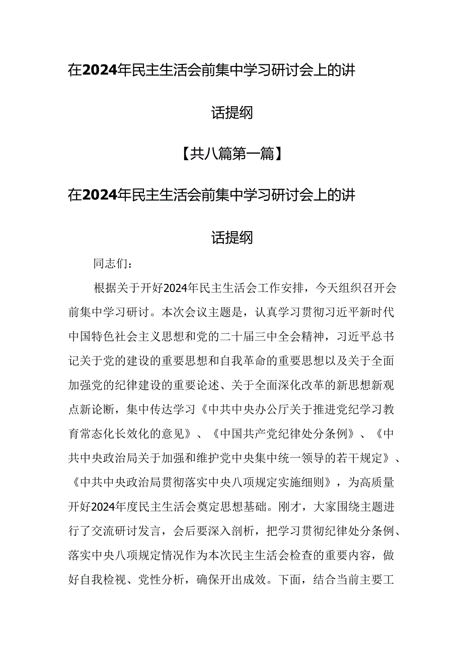 （8篇）在2024年民主生活会前集中学习研讨会上的讲话提纲.docx_第1页