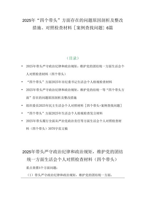 2025年“四个带头”方面存在的问题原因剖析及整改措施、对照检查材料[案例查找问题]6篇.docx