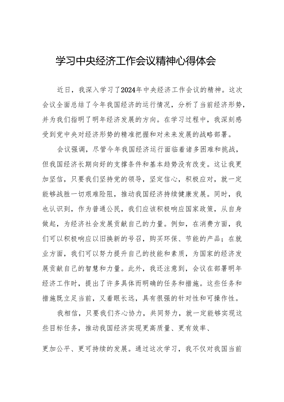 2024 年中央经济工作会议精神心得体会发言稿6篇.docx_第1页