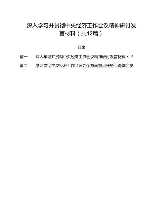深入学习并贯彻中央经济工作会议精神研讨发言材料（共12篇）.docx