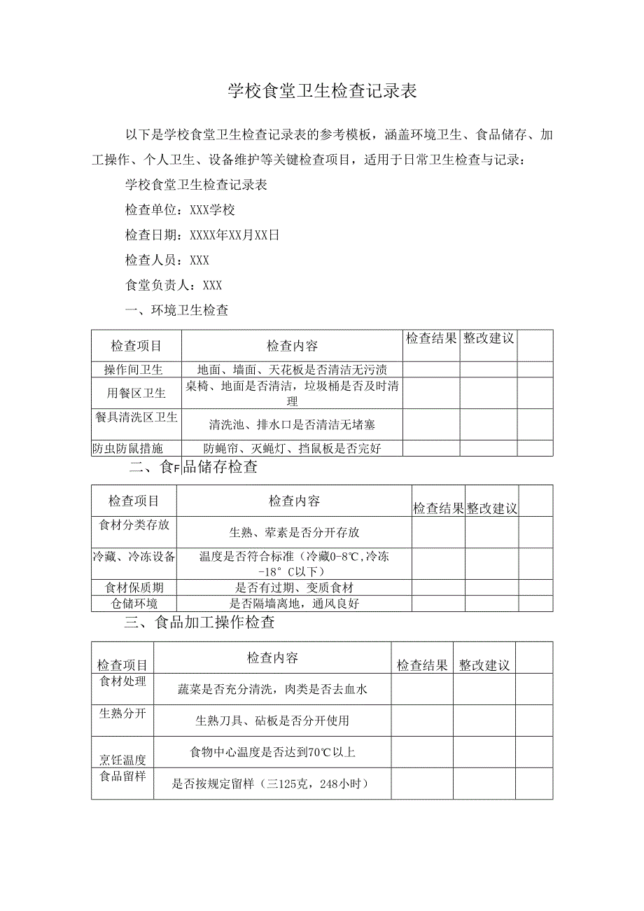 学校食堂卫生检查记录表.docx_第1页