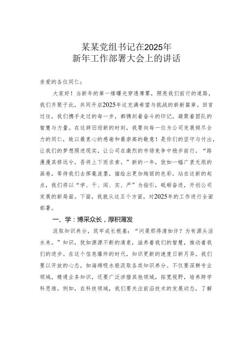 某某党组书记在2025年新年工作部署大会上的讲话.docx