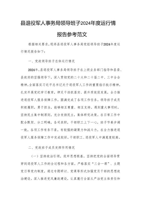 县退役军人事务局领导班子2024运行情况报告参考范文.docx