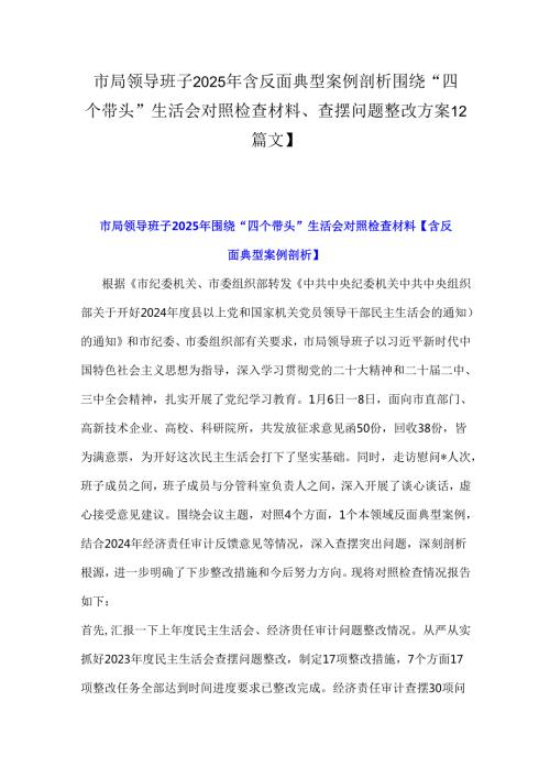 市局领导班子2025年含反面典型案例剖析围绕“四个带头”生活会对照检查材料、查摆问题整改方案【2篇文】.docx