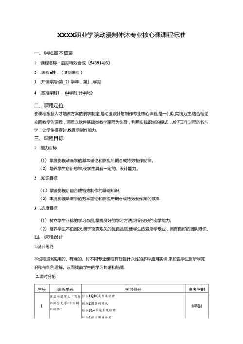 职业学院动漫制作技术专业后期特效合成核心课课程标准.docx