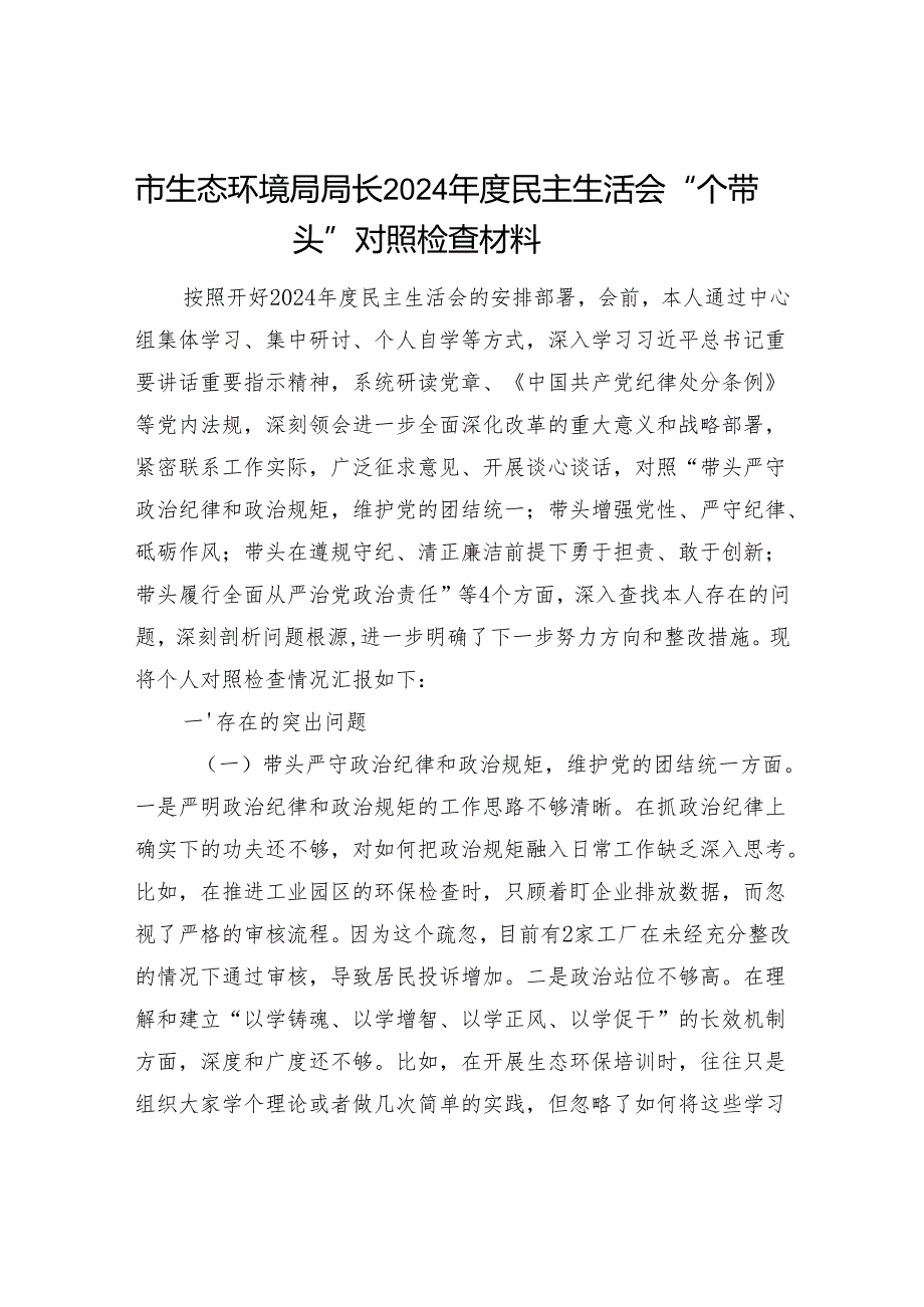 生态环境局局长2024民主生活会“四个带头”对照检查材料2篇.docx_第2页
