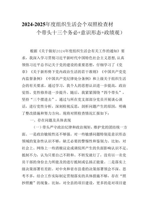 20242025组织生活会个人对照检查材料（四个带头+三个务必+意识形态+政绩观）.docx