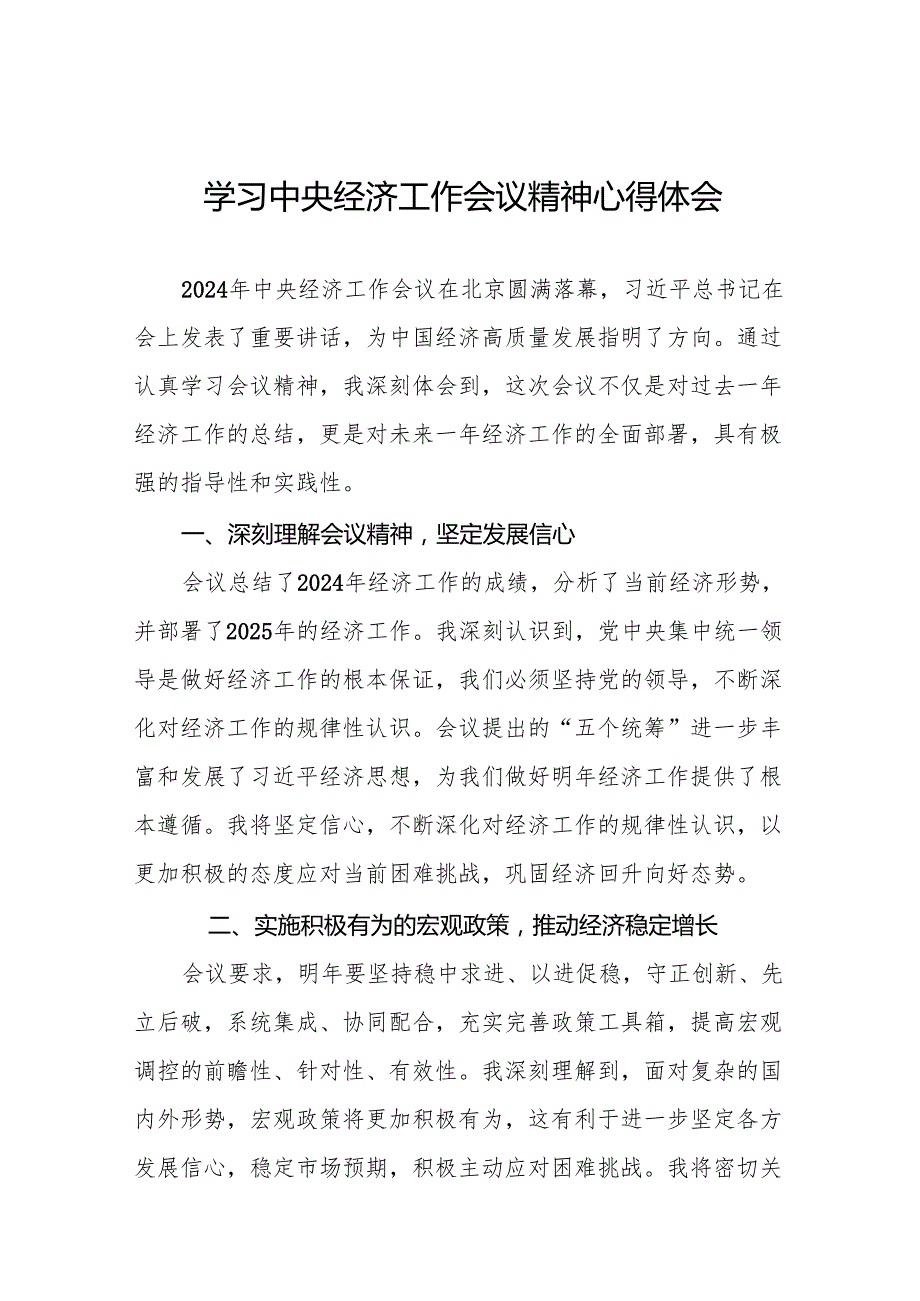 九篇学习2024年中央经济工作会议精神的心得体会.docx_第1页