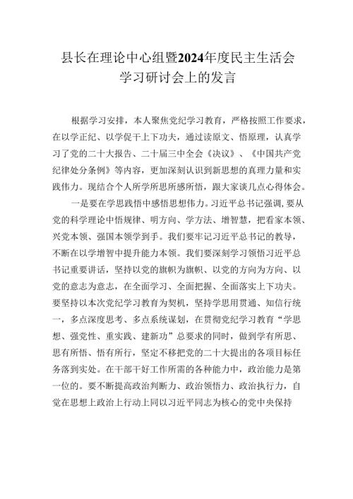 县长在理论中心组暨2024民主生活会学习研讨会上的发言材料.docx
