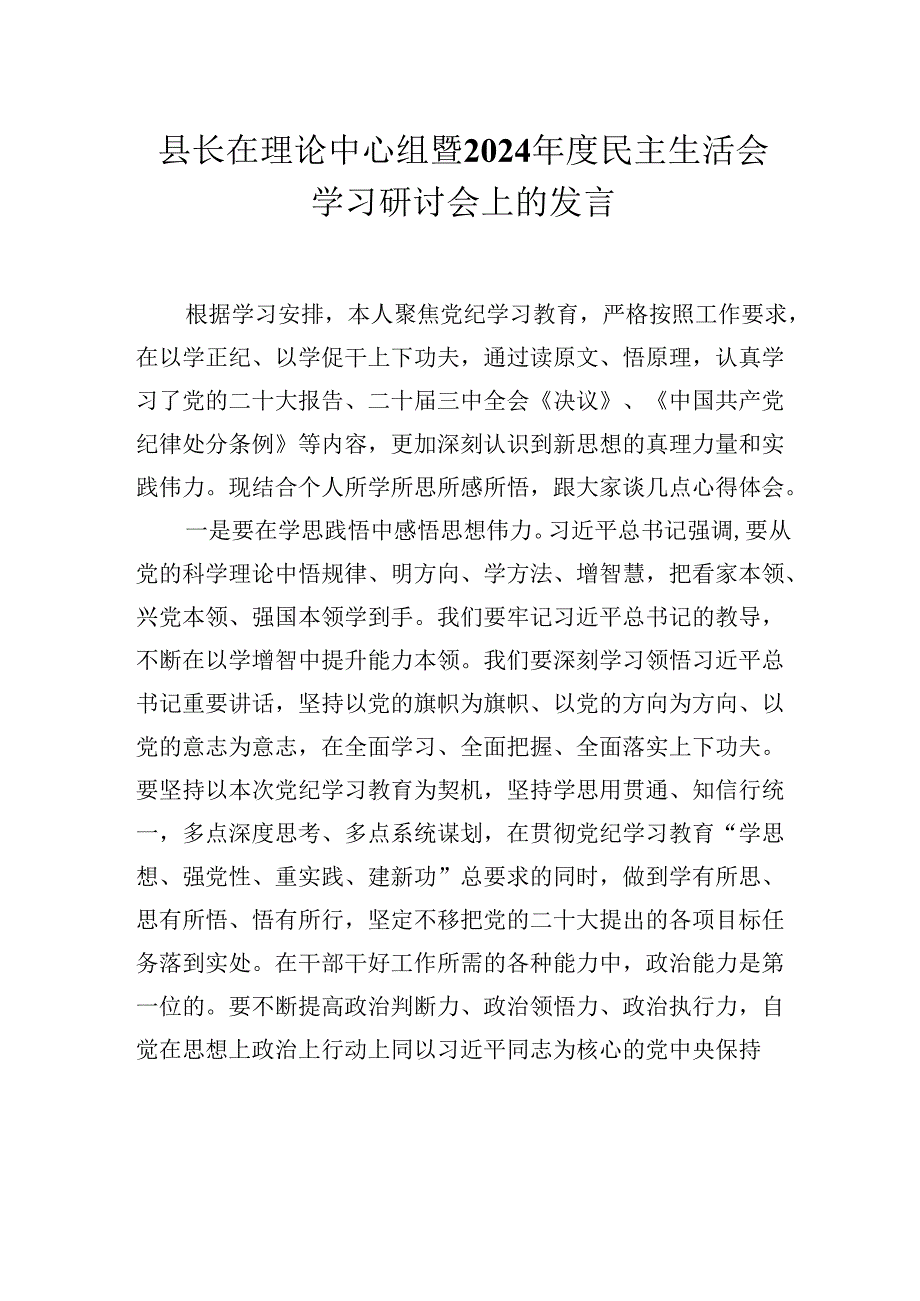 县长在理论中心组暨2024民主生活会学习研讨会上的发言材料.docx_第1页